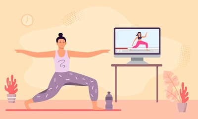 Online yoga class. Woman meditation and do fitness exercise, illustration training and relax at home watching sport video vector