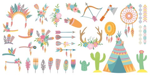 Tribal elements set. Tribal design element, ornament vintage native indian, ethnic archery and colored feathers. Vector illustration
