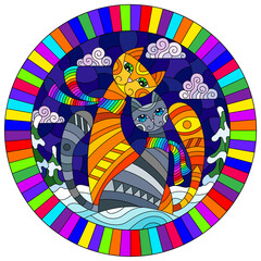 An illustration in a stained glass style with a pair of funny cartoon cats against a winter landscape, a round image in a bright frame