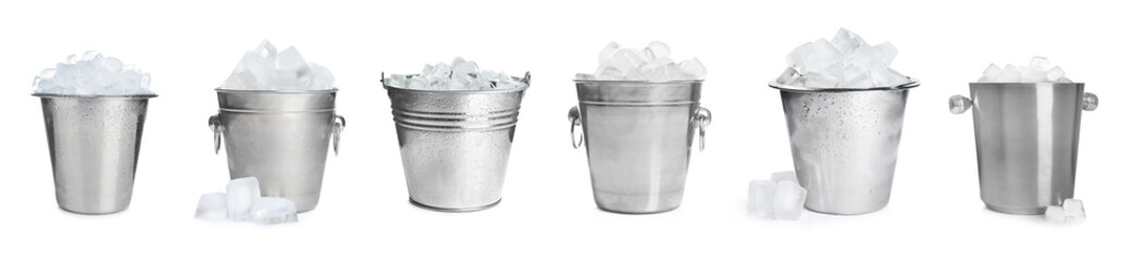 Set of different metal buckets with ice cubes on white background, banner design - obrazy, fototapety, plakaty
