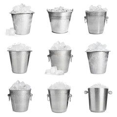 Set of different metal buckets with ice cubes on white background