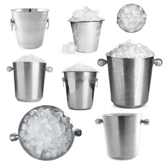 Set of different metal buckets with ice cubes on white background