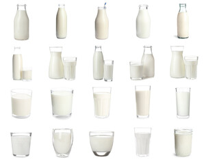 Set with different glassware of fresh milk on white background