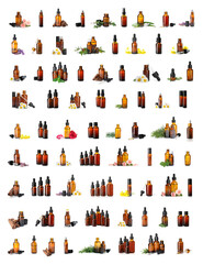 Set with bottles of different essential oils on white background