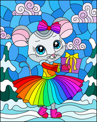 Illustration in a stained glass style with a cute cartoon mouse on the background of a winter landscape