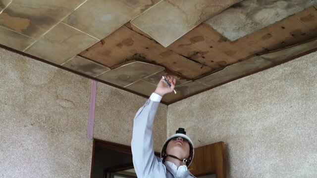 雨漏りした天井を調査するビジネスマン　住宅　リフォーム　解体前　