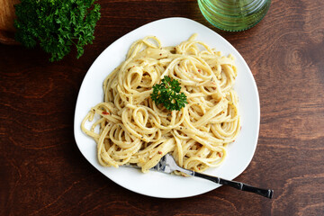 top view spaghetti with white cream sauce
