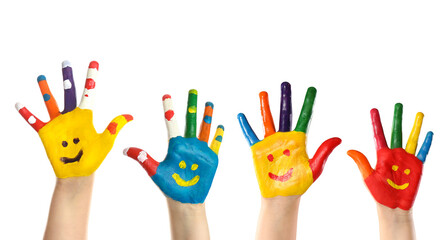 School holidays. Children with painted palms on white background, closeup