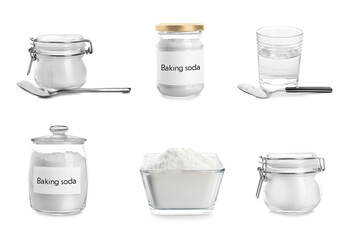 Set with different kitchenware and baking soda on white background