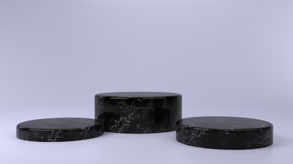 Shiny black round marble pedestal podium. Abstract high quality 3d concept illuminated pedestal by spotlights on white background. Futuristic marble background. Can be used on banners, web. 3d render.