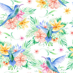 Floral seamless tropical pattern, summer background with exotic flowers, palm leaves, jungle leaf, orchid flower and hummingbird. Vintage botanical wallpaper, illustration in Hawaiian style.