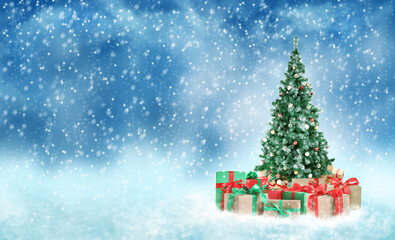 Beautiful Christmas tree with gifts under snowfall, space for text