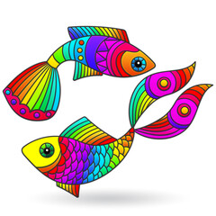 A set of illustrations in a stained glass style with bright rainbow abstract fish isolated on a white background