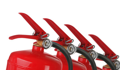 Set with fire extinguishers on white background