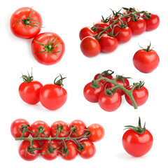 Set with delicious ripe cherry tomatoes on white background