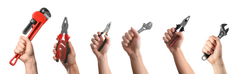 Set with photos of people holding different tools on white background, closeup. Banner design