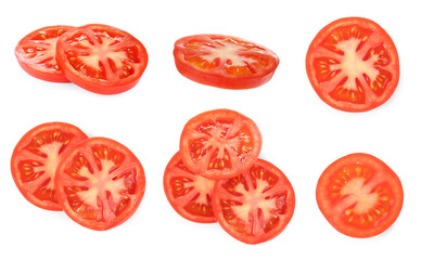 Set with delicious ripe cherry tomatoes on white background