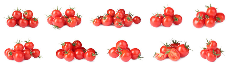 Set with delicious ripe cherry tomatoes on white background, banner design