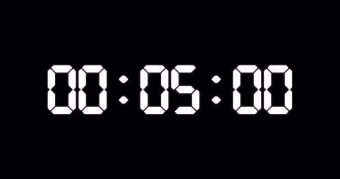 One minute counter of glowing led electronic white digits on black background