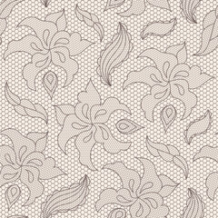Lace seamless pattern with flowers in beige and brown colors 