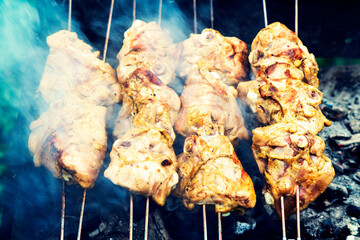 Cooking chicken on the grill. smoke. Marinated shashlik preparing on a barbecue grill over charcoal. Shashlik or Shish kebab popular in Eastern Europe. toned