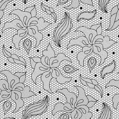 Floral lace seamless pattern in black and white colors. Orchid guipure background 
