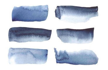 Watercolor dark blue textured splashes  collection. Watercolor stain. 