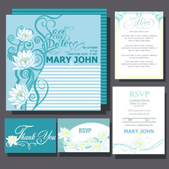 Fototapeta na wymiar Wedding invitations with lotus flowers. RSVP card, menu desing.