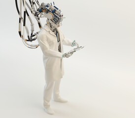Artificial robot doctor, cyborg medical specialist working with tablet pc in profile. Full body 3d rendering of connected medic-robot system