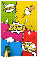 2021 New Year vertical postcard or greeting card template. Vector festive retro design in comic book style with champagne bottle and flying cork.