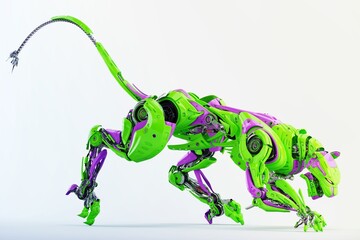 Toxic green-violet robot panther hunting, 3d rendering