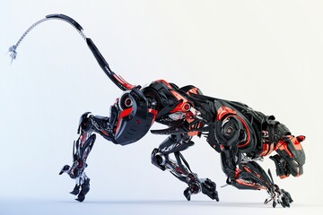 Black-red robot panther hunting, 3d rendering