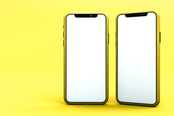 3D Rendering of technology and business concept. Smartphones with blank screen on yellow background. Copy space.