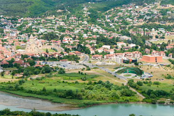 Fototapeta na wymiar Holy city of Mtskheta view from Jvari Monastery in Mtskheta, Mtskheta-Mtianeti, Georgia. It is part of the World Heritage Site - Historical Monuments of Mtskheta.