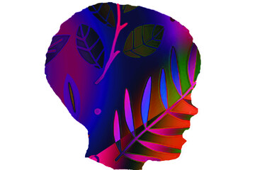 der Biologe, Vektor, Kopf, Kunst, Blaetter, Zweige, Muster, Design, rot,, blau, orange, lila, gruene Farben
