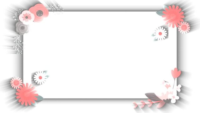 white rectangular frame with pink flowers moving on each side, a suitable frame for wedding invitation cards, photos and text places
