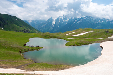 Beautiful scenic view from Between Mestia to Koruldi lakes in Mestia, Samegrelo-Zemo Svaneti, Georgia.