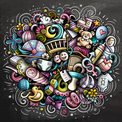 Baby hand drawn cartoon doodles illustration. Vector background.