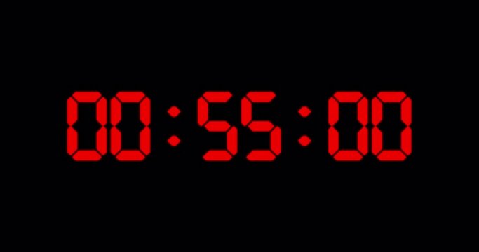 One minute countdown timer of glowing led red digits on black background
