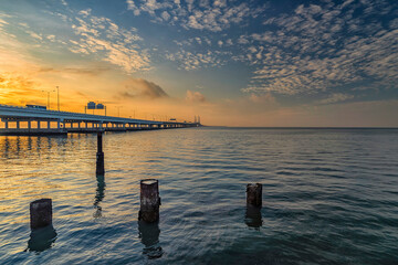 Beautiful landscape shot of the Penang second Bridge during sunrise.