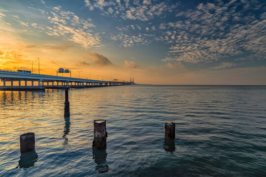 Beautiful landscape shot of the Penang second Bridge during sunrise.