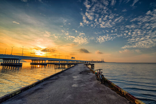 Great landscape during sunrise view with the second Penang Bridge at the background.