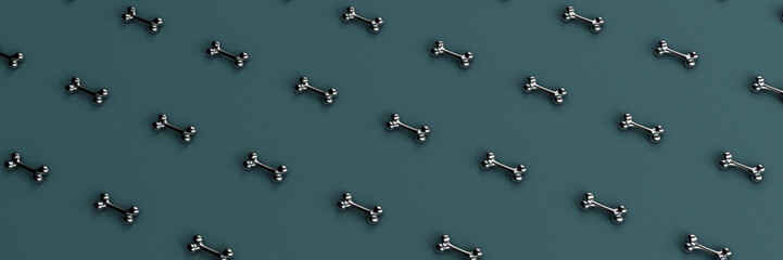 3d rendering of bones for dog on the green background. 
minimalistic background. Wide background site head and cover photo. Pattern for texture of wallpaper. Design for poster, branding, banner.