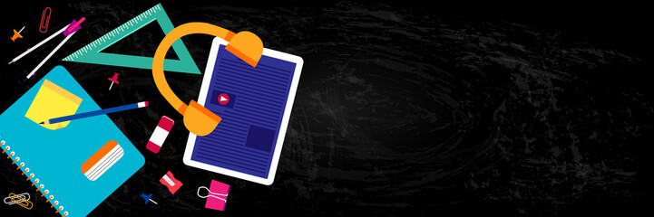 Back to school horizontal banner with blackboard and school supplies, digital tablet, online distance education concept