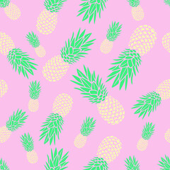 Naklejka na ściany i meble Yellow pineapples on a pink background seamless pattern. Design is suitable for wallpaper, factories, design of menu forms, cafes, bedding, tropical textile prints, product packaging. Editable vector