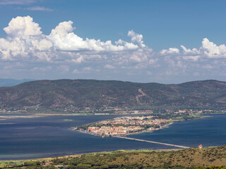 Fototapeta na wymiar Beautiful aerial view of Orbetello and the Lagoon from the convent of the Passionist Fathers, Grosseto, Italy