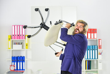 Get out of my office. Drive out uninvited guest. Stress concept. Crazy or mad. Businessman standing...