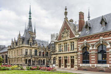 Fecamp Benedictine palace (1852) - neo-Gothic and neo-renaissance styles chateau. Now Benedictine palace is museum and liqueur distillery. Fecamp, Seine-Maritime department, Haute-Normandie, France. - obrazy, fototapety, plakaty