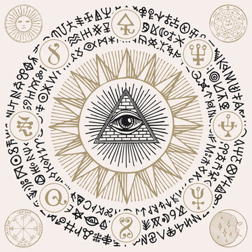 Illustration with an all-seeing eye, alchemical and Masonic symbols. Hand-drawn vector banner with a third eye, esoteric and magical signs written in a circle in retro style