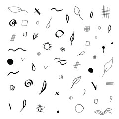 50 and more black abstract doodle elements for your design. Wavy lines, circles, squares, spiral, foliage; flowers, checkmarks, ovals, arrows, and other cartoon illustrations on white background